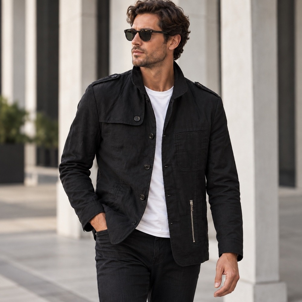 Jack & Jones 100% Linen Blazer Mens Large Black Military Utility Field Jacket